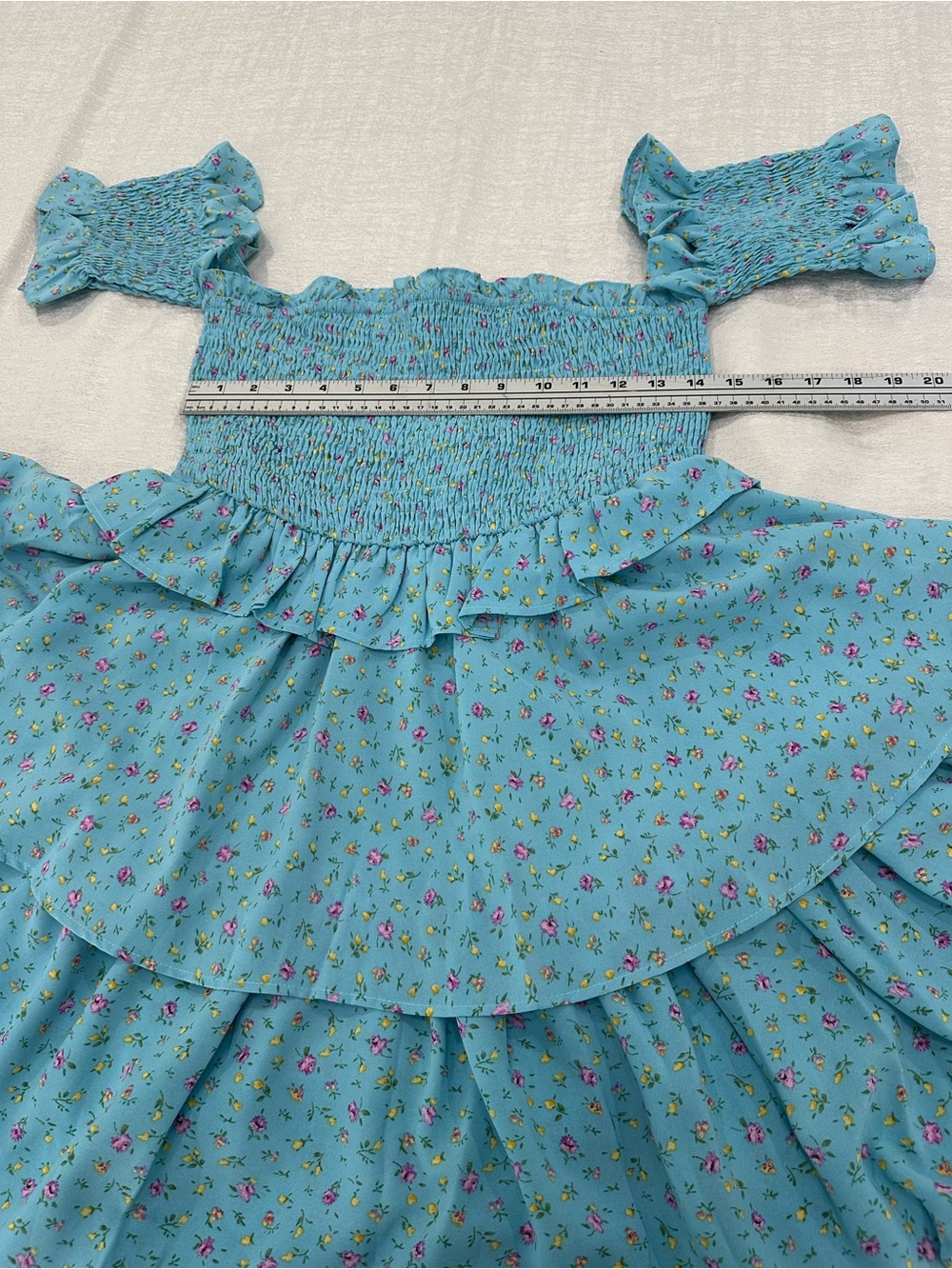 Mable Smocked Off-Shoulder Floral Mini Dress in Light Blue - Picture 6 of 12